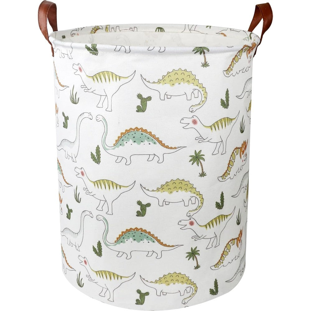 NTAOHAMPER dinosaur laundry hamper front view showing the light dinosaur print on a canvas storage basket.