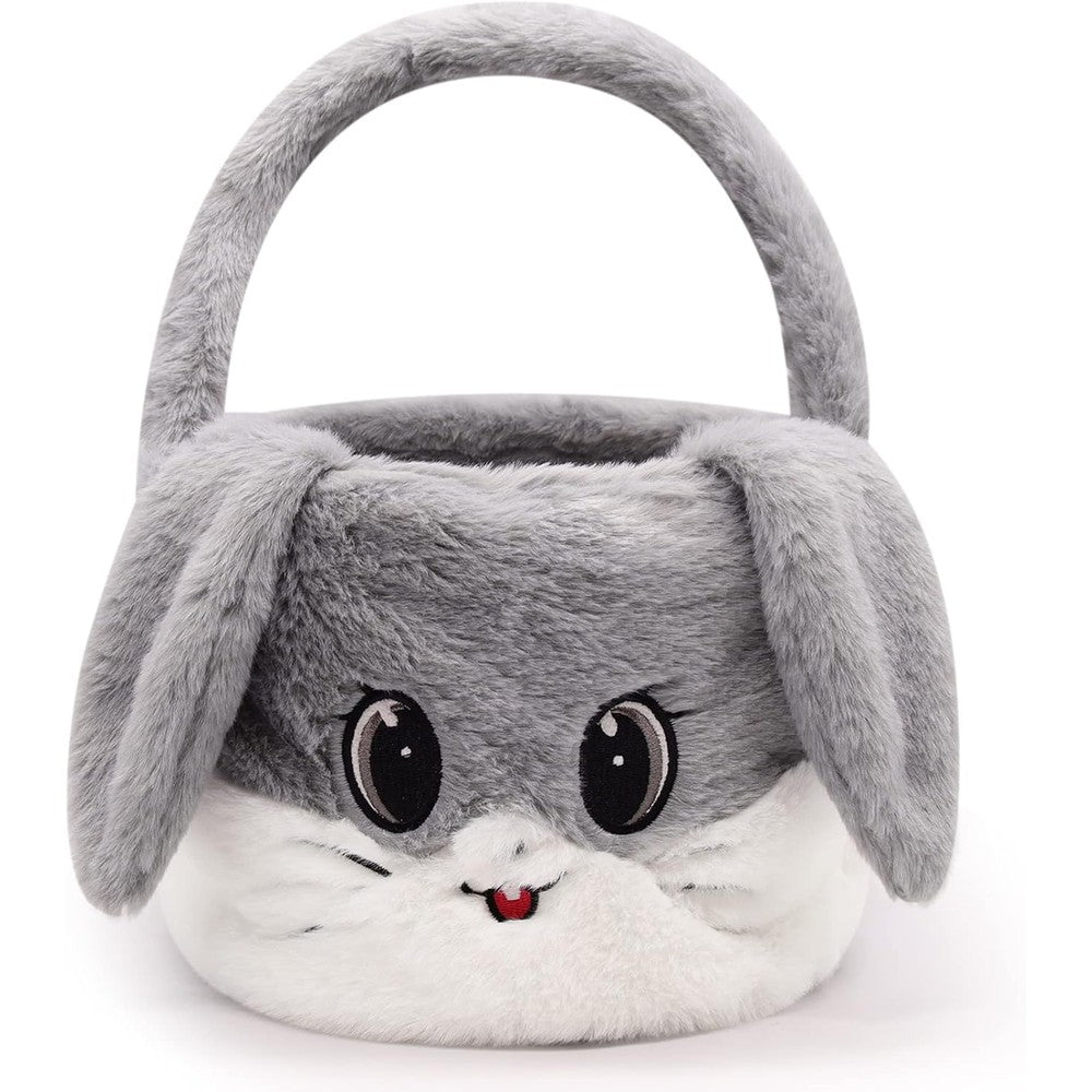 Hagusahuo plush gray bunny easter basket front view showcasing embroidered rabbit face details