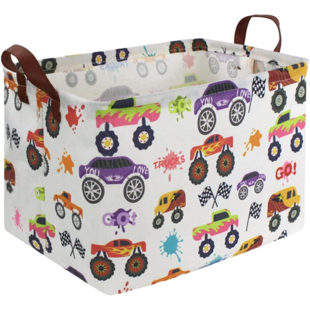FXOCSHE rectangular canvas storage basket front view featuring the colourful racing car pattern design for kids room organization.