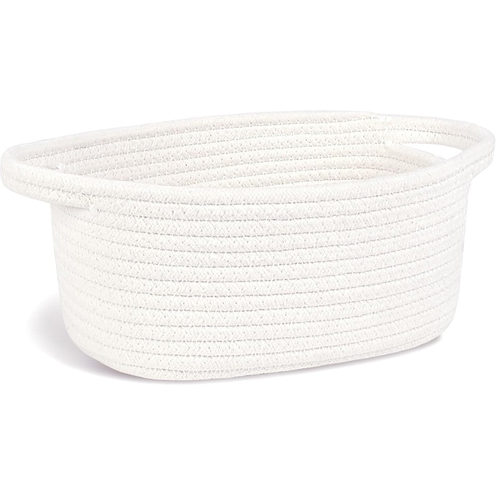 ABenkle small cotton rope storage basket front view showcasing woven texture and white minimalist aesthetic