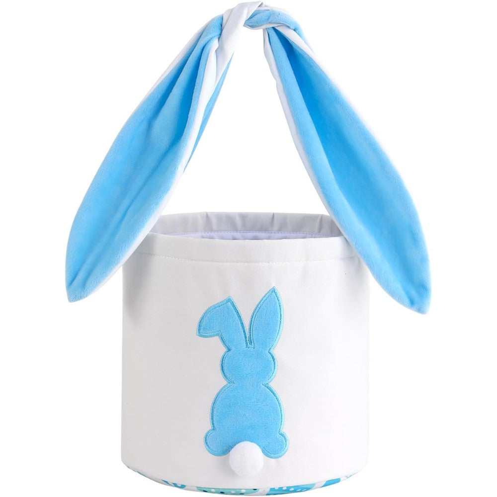 MONOBLANKS Easter bunny basket bag front view showcasing blue rabbit design and handle.