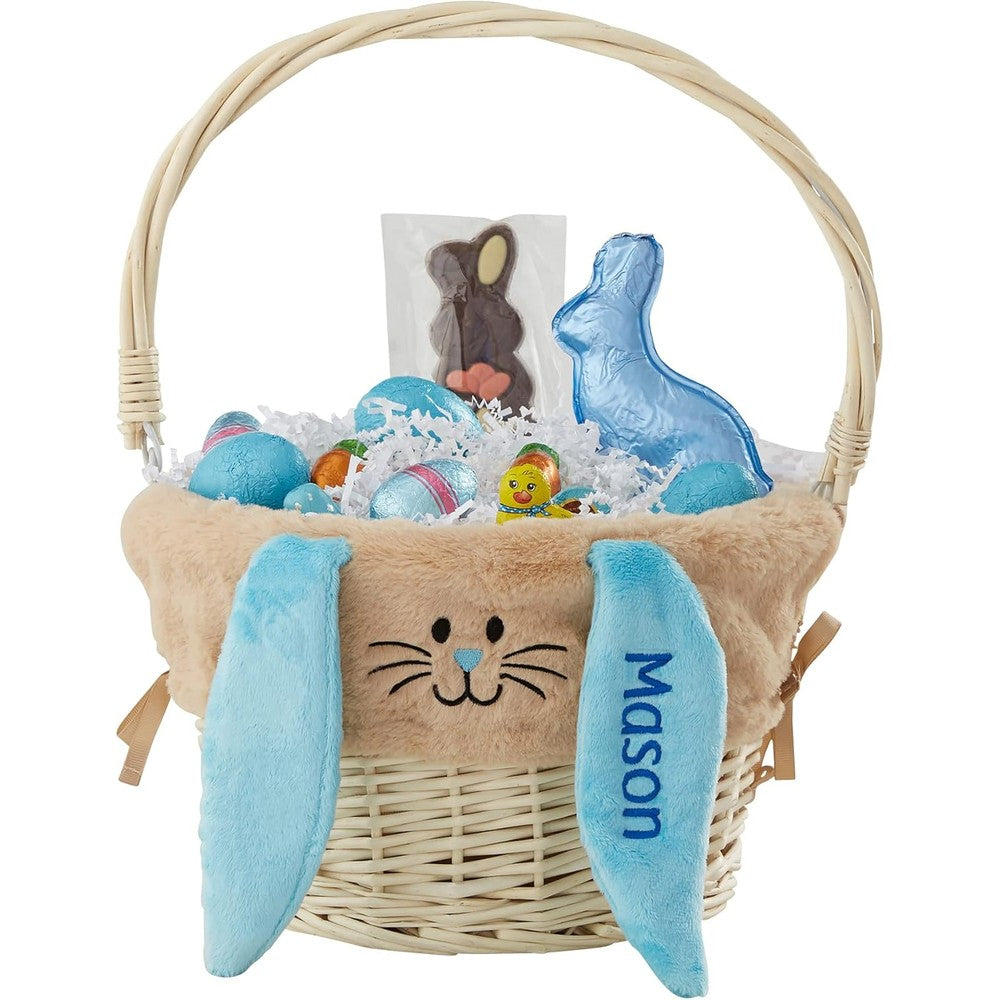 Personalization Universe Classic Easter Basket front view with personalized embroidered blue bunny liner