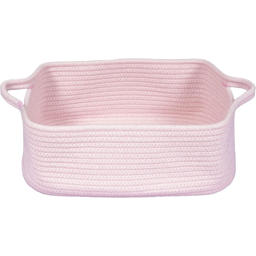 Xuanguo Woven Cotton Rope Storage Basket With Handles Light Pink Small Rectangle Organizer For Nursery Closet Pet Toys And Home Decor