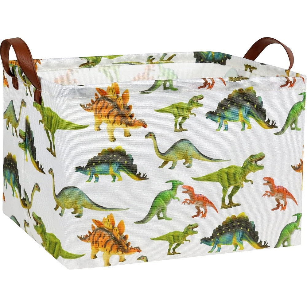 HIYAGON rectangular dinosaur storage basket front view showing the cute green toy dinosaur pattern on canvas fabric.