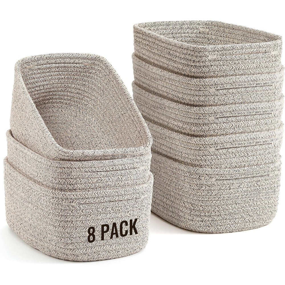 Snuvid 8 pack small woven rope storage baskets front view