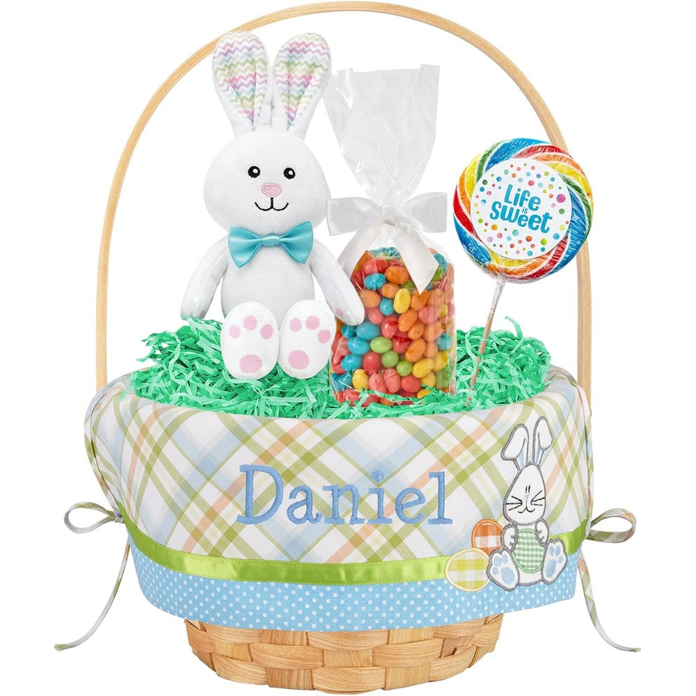 Lets Make Memories personalized Easter basket with blue bunny front view