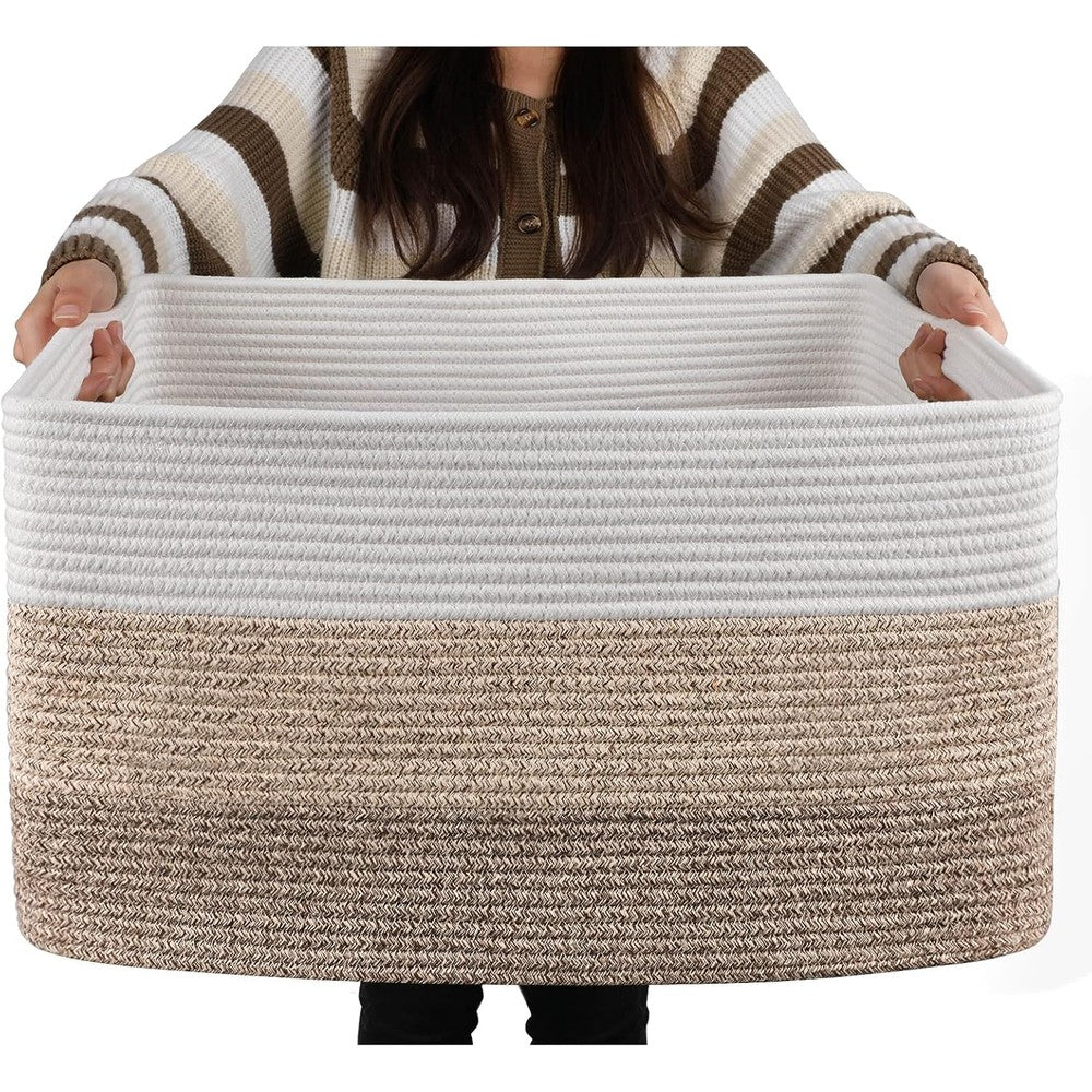 OIAHOMY Large Blanket Basket front view showing gradient yellow woven cotton rope design for premium home organization.