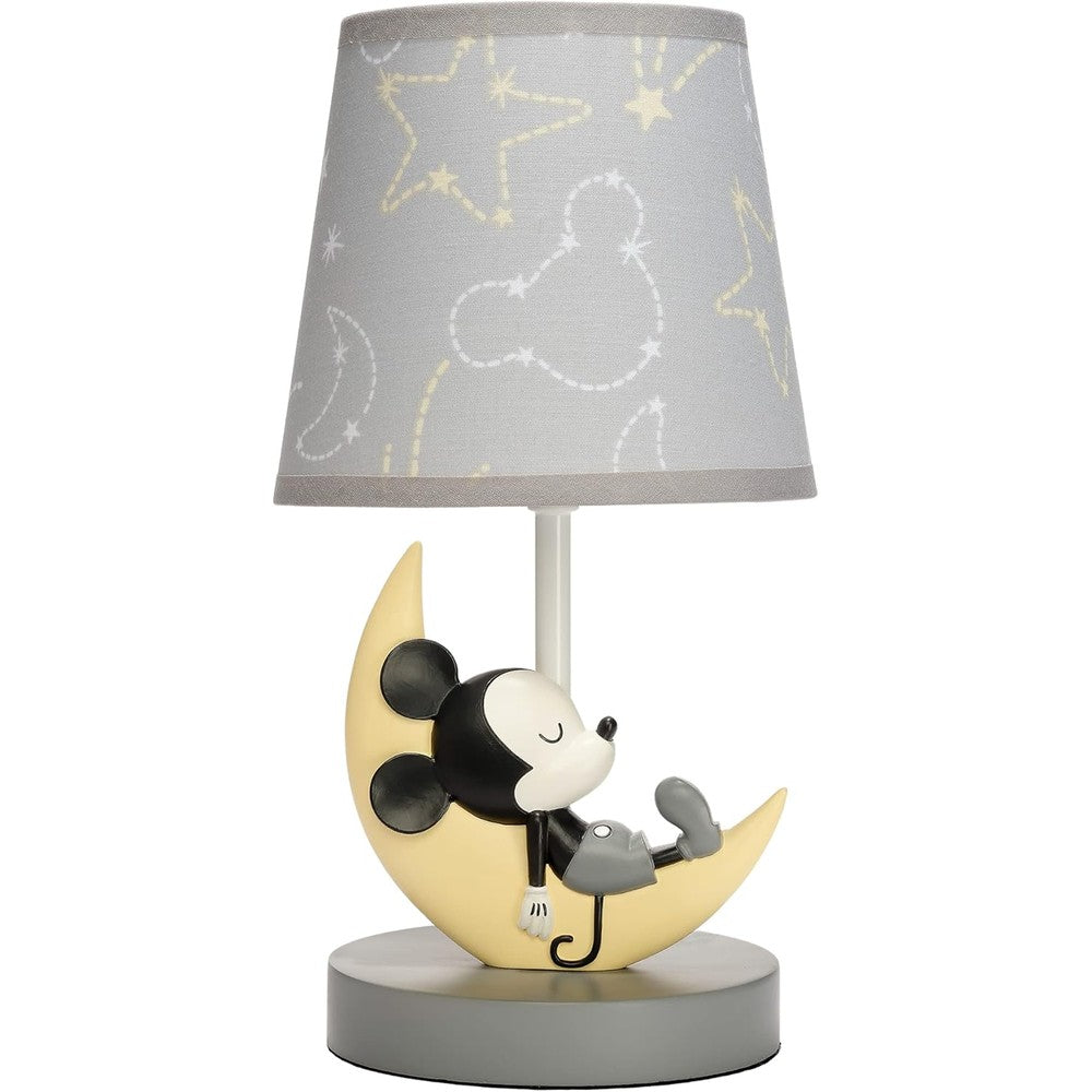 Lambs and Ivy Disney Baby Mickey Mouse lamp with shade front view on nursery nightstand