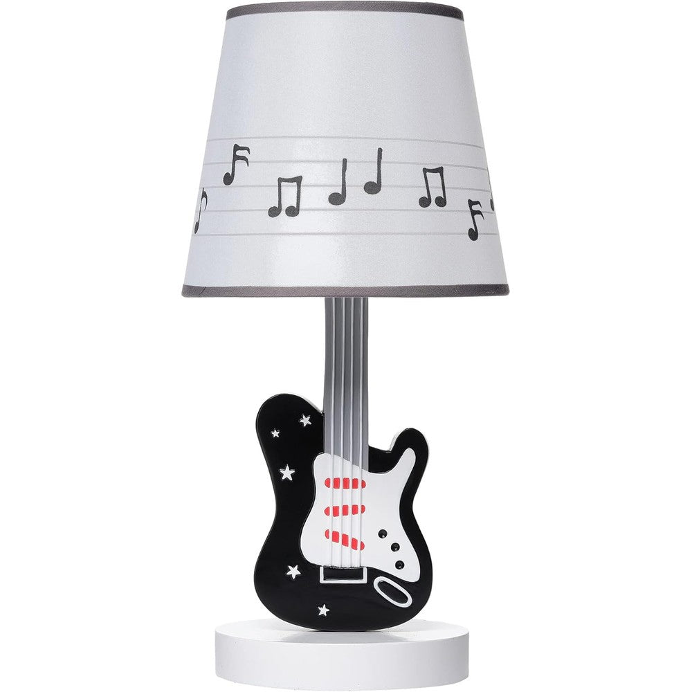 Lambs and Ivy Rock Star Guitar Lamp front view with musical notes shade