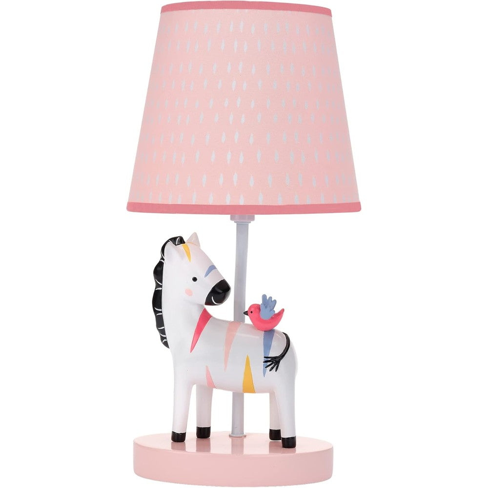 Lambs and Ivy Jazzy Jungle Zebra Nursery Lamp front view with peach shade