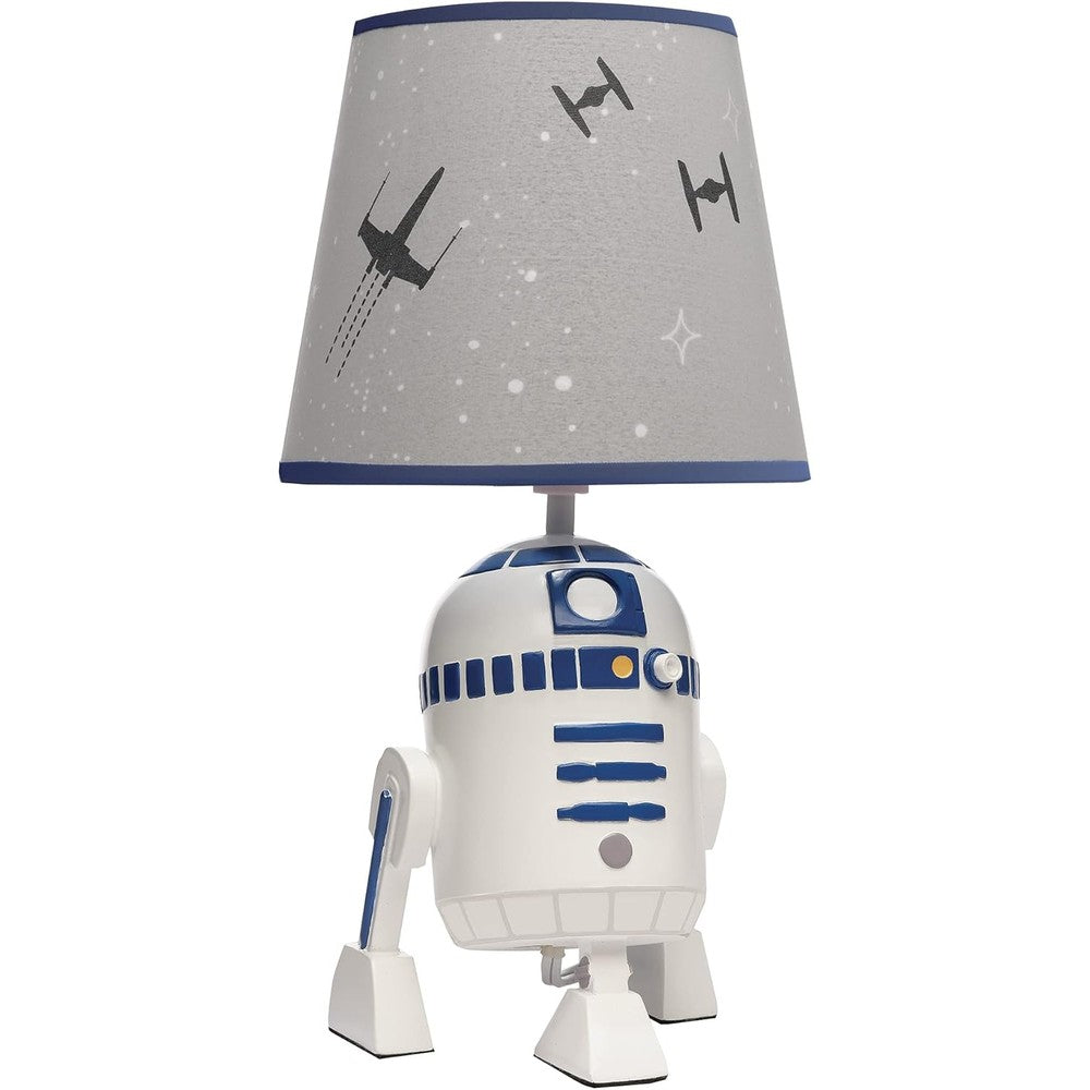 Lambs and Ivy Star Wars Classic Hand Painted R2-D2 Nursery Lamp front view showing the detailed base and printed shade.