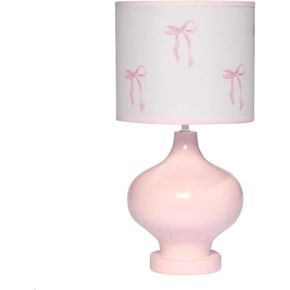 Lambs & Ivy Coquette Floral Aesthetic Pink Bows Lamp with Shade front view for nursery decor.