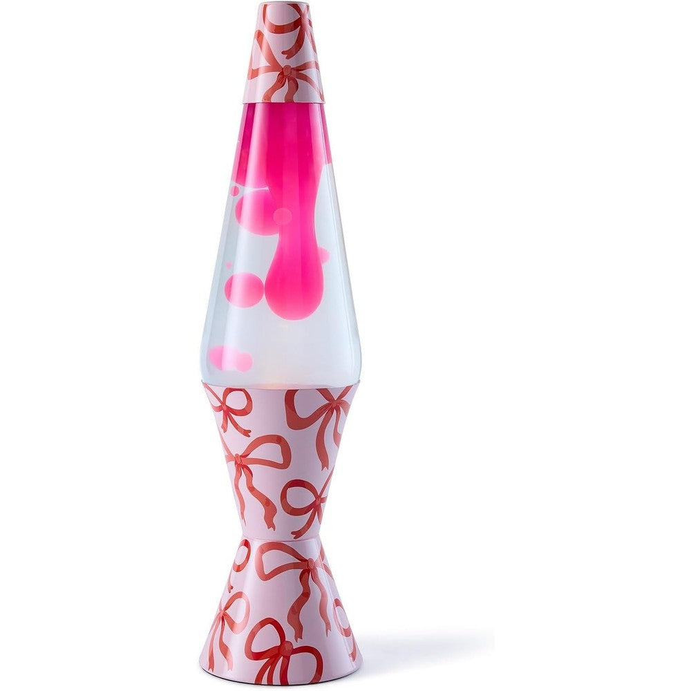 Spencer Gifts 17 Inch Pink and Red Bow Lava Lamp front view with flowing pink wax