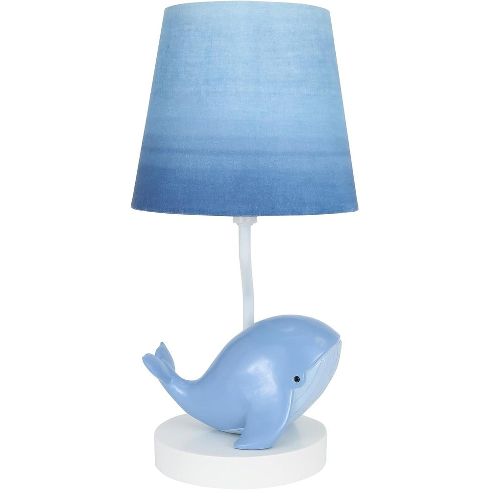 Lambs and Ivy Bubbles and Squirt hand painted whale lamp front view for baby nursery decor