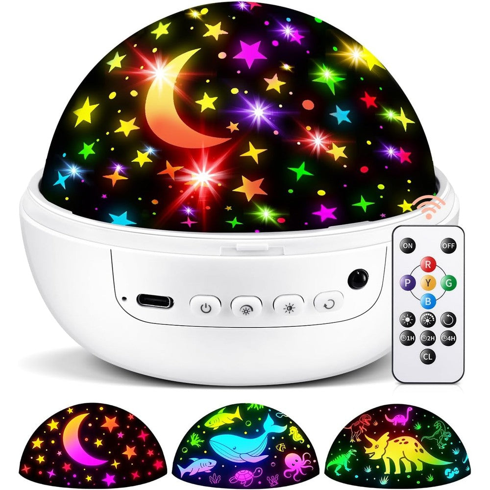 COOLNIGHT kids night light projector front view showing the sleek white device projecting a vibrant dinosaur theme on the ceiling