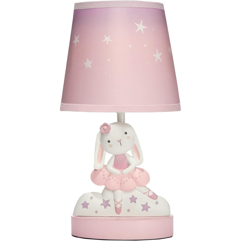Bedtime Originals Tiny Dancer Bunny And Stars Pink Nursery Lamp front view with illuminated shade
