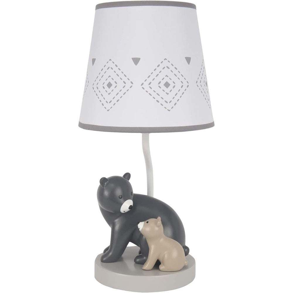 Lambs & Ivy Woodland Forest Gray Bears Nursery Lamp front view with illuminated lampshade