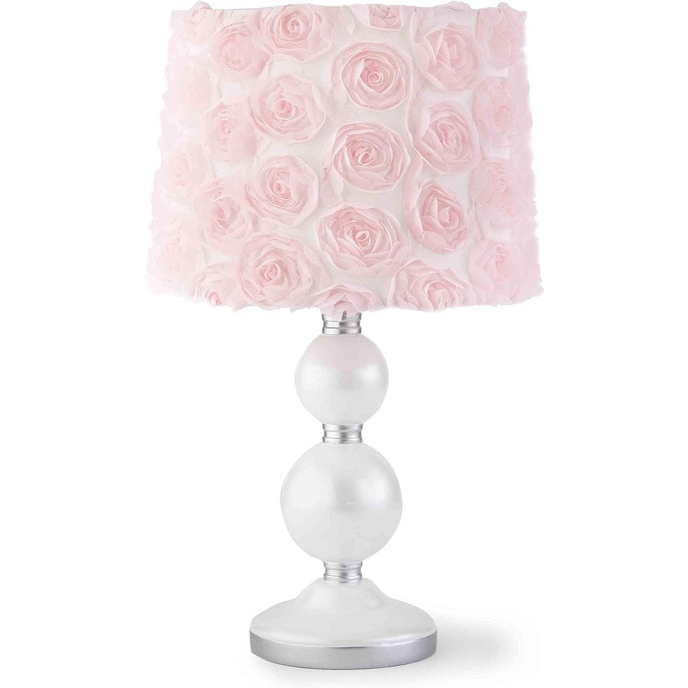 Levtex Baby Elise nursery table lamp with pink floral rosette shade front view