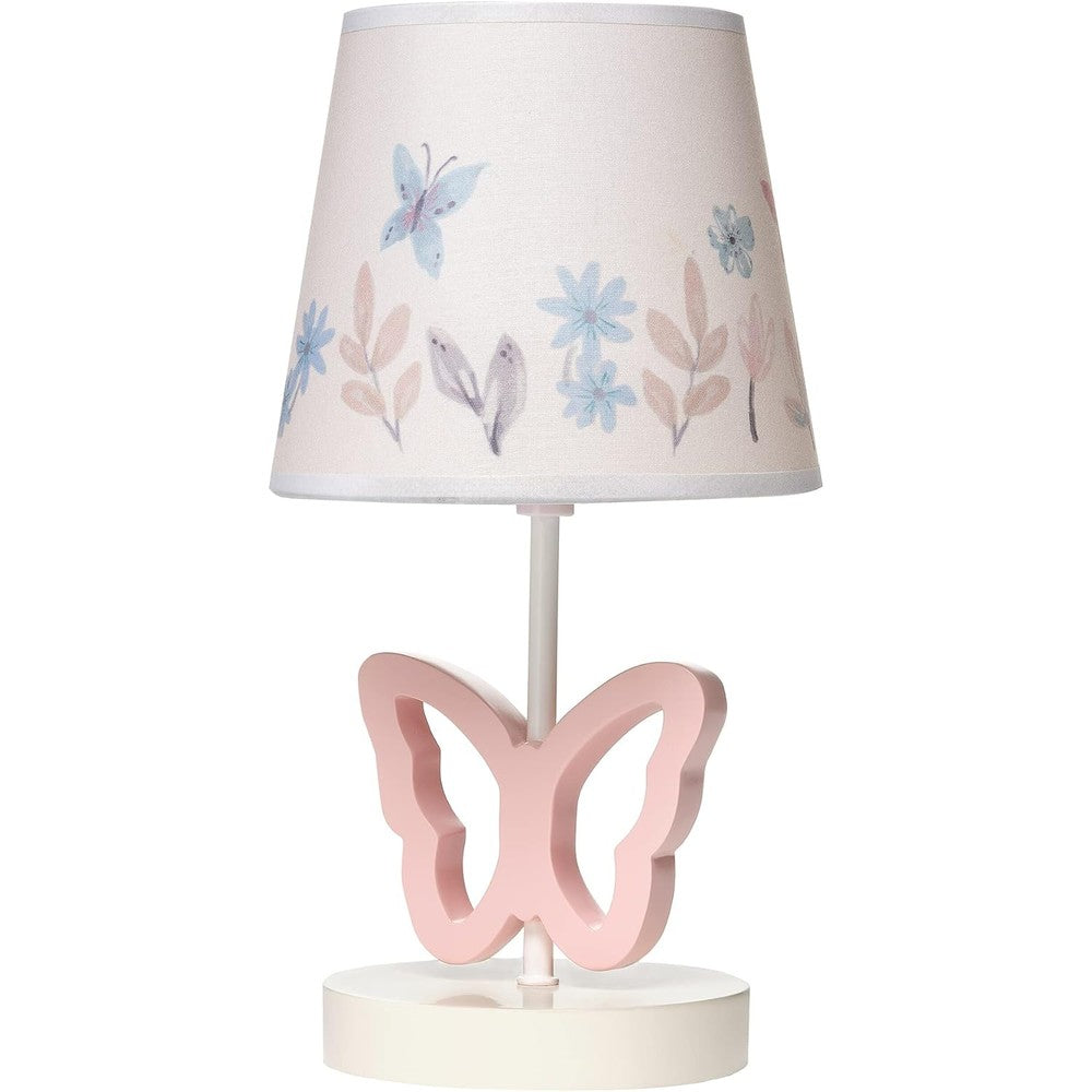 Lambs & Ivy Baby Blooms pink butterfly nursery lamp front view on a bedside table.