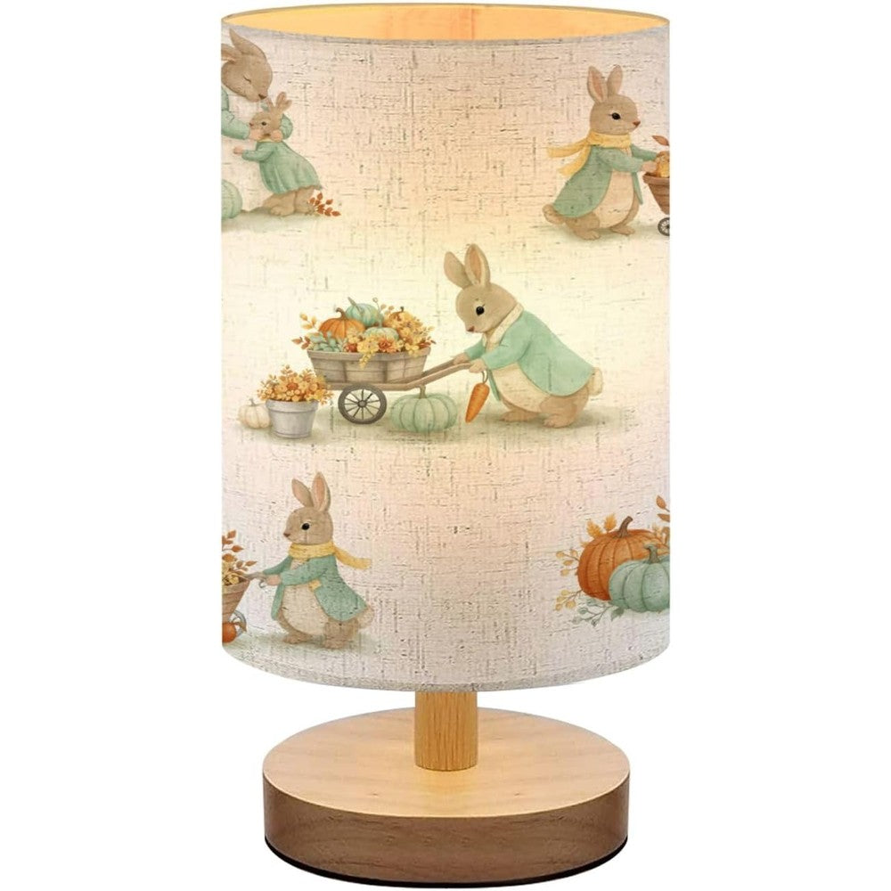 AURFIAIUOP Bedside Lamp front view featuring rabbit autumn pattern linen lampshade and wooden base.