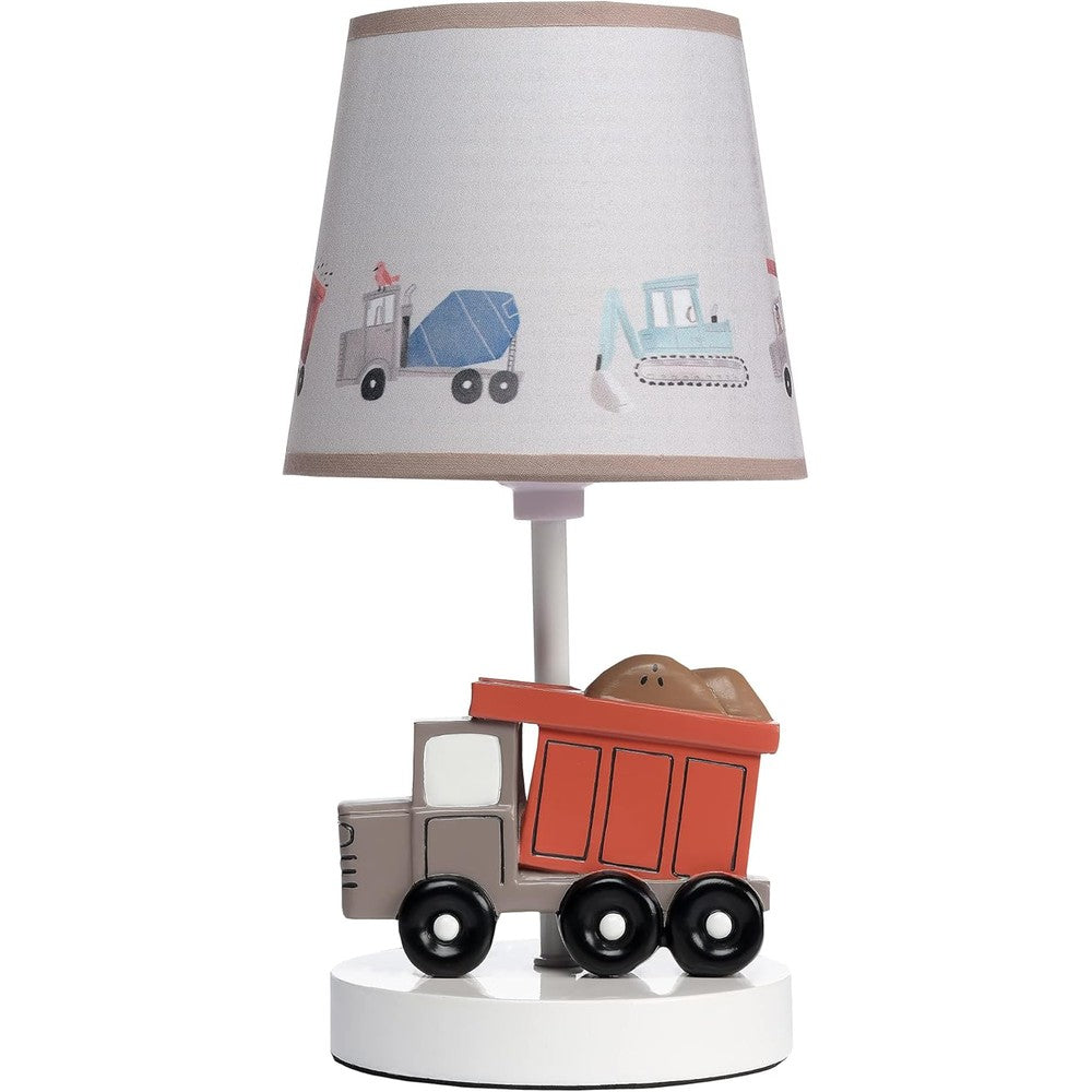 Bedtime Originals Construction Zone truck nursery lamp front view showcasing the hand painted resin dump truck base