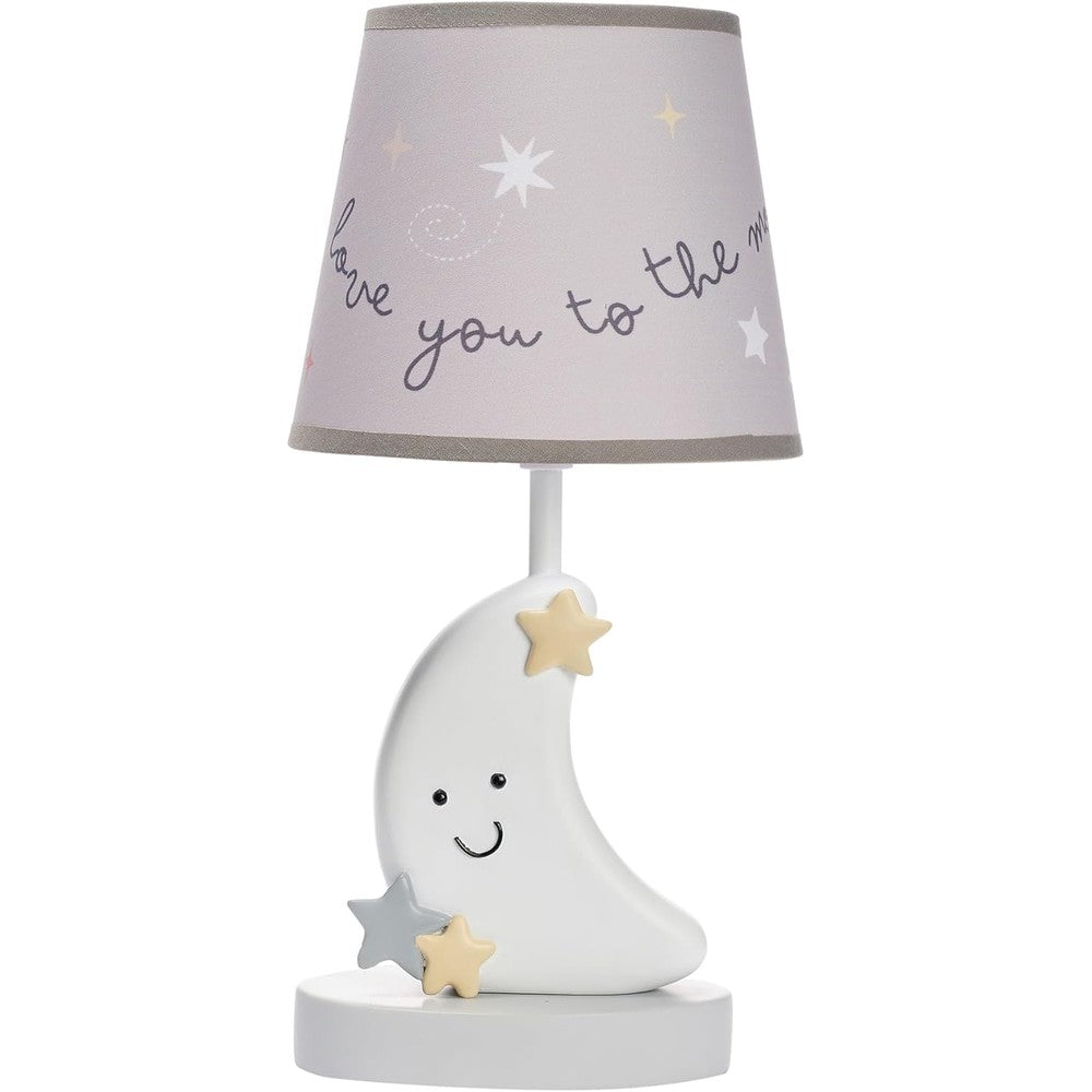 Bedtime Originals Little Star Celestial Moon Nursery Lamp front view with illuminated light grey shade