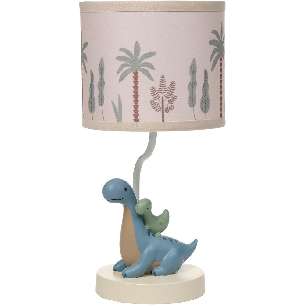 Lambs & Ivy Dino-Might 3D dinosaur nursery lamp front view on a nightstand