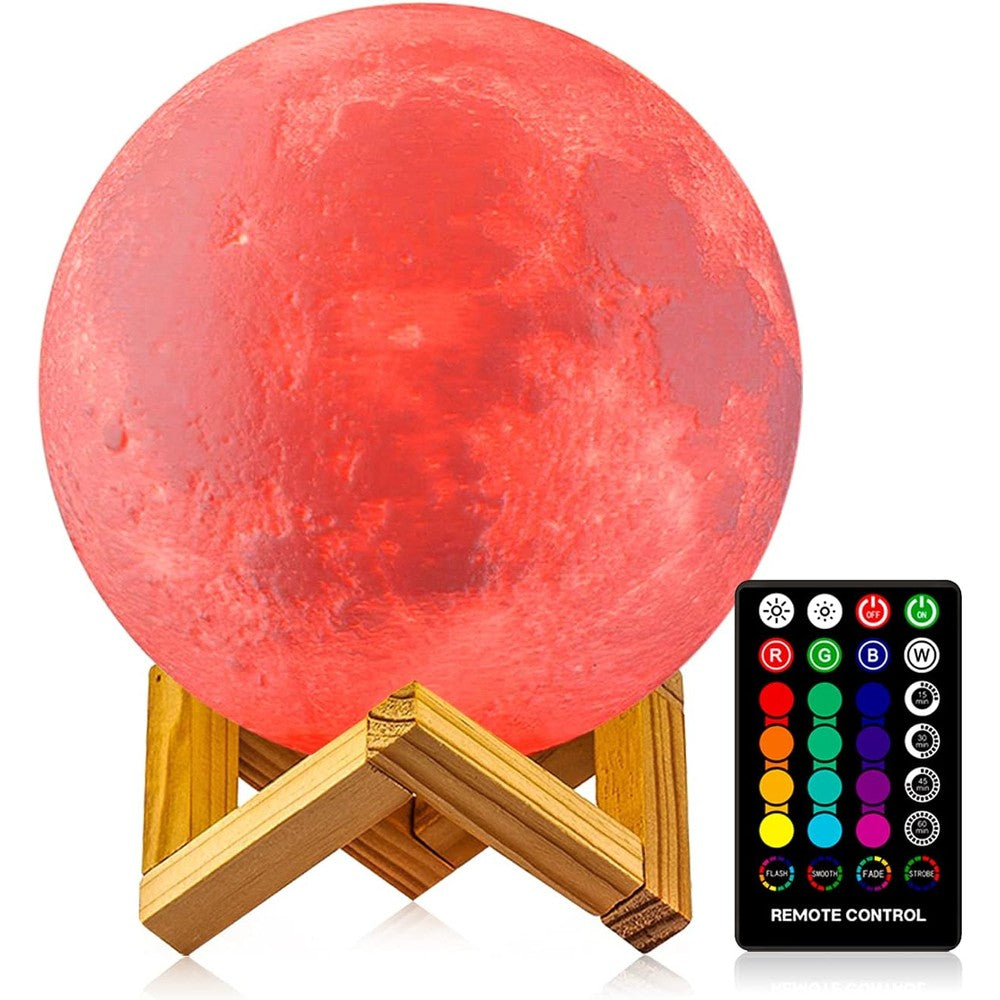 Logrotate 3D moon lamp glowing in white on a wooden stand