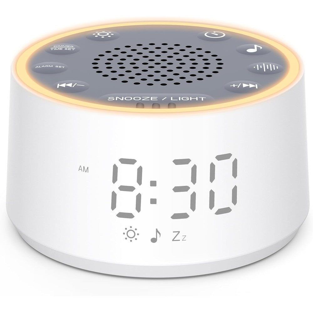 Dreamegg D1 Nova Sound Machine front view displaying digital alarm clock face.