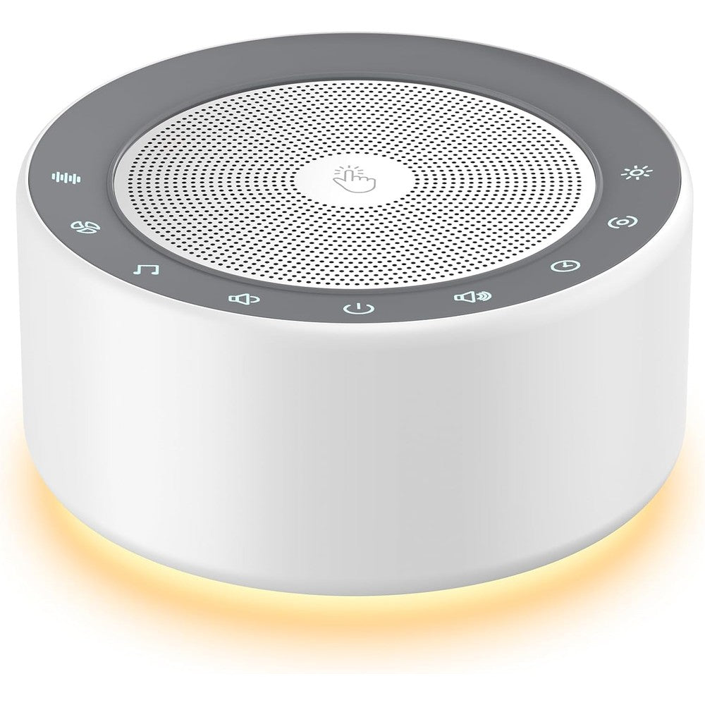 Kipcush white noise machine front view with glowing night light