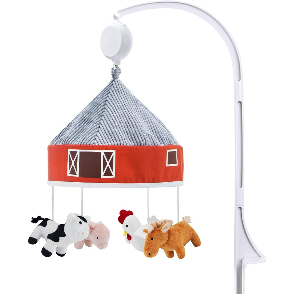 Lovvie and Joy baby crib musical mobile front view attached to nursery cot rail.