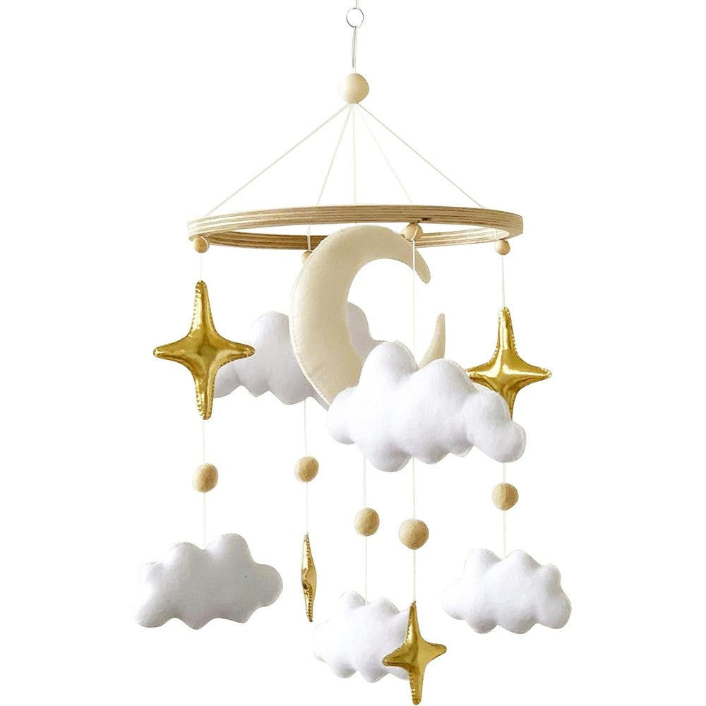 Emmnnic modern boho baby mobile front view featuring white clouds and gold stars