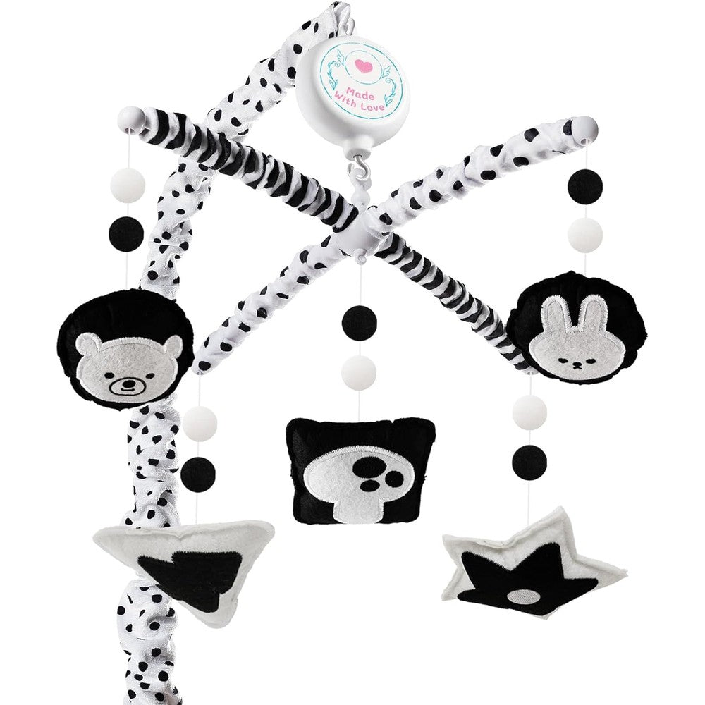 PIIKAGO Montessori Baby Crib Mobile front view showcasing high-contrast black and white shapes for newborn visual development.