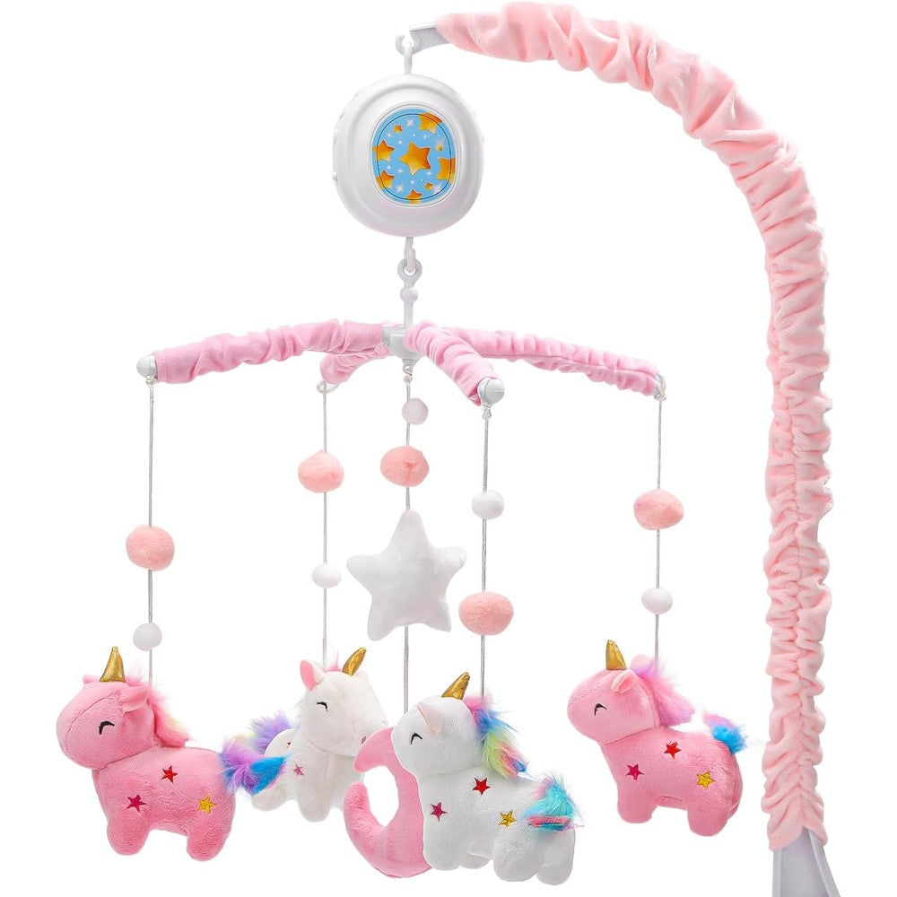 HOLYFUN Unicorn Baby Crib Mobile front view showcasing pink plush unicorns and hanging star toys over a white crib.
