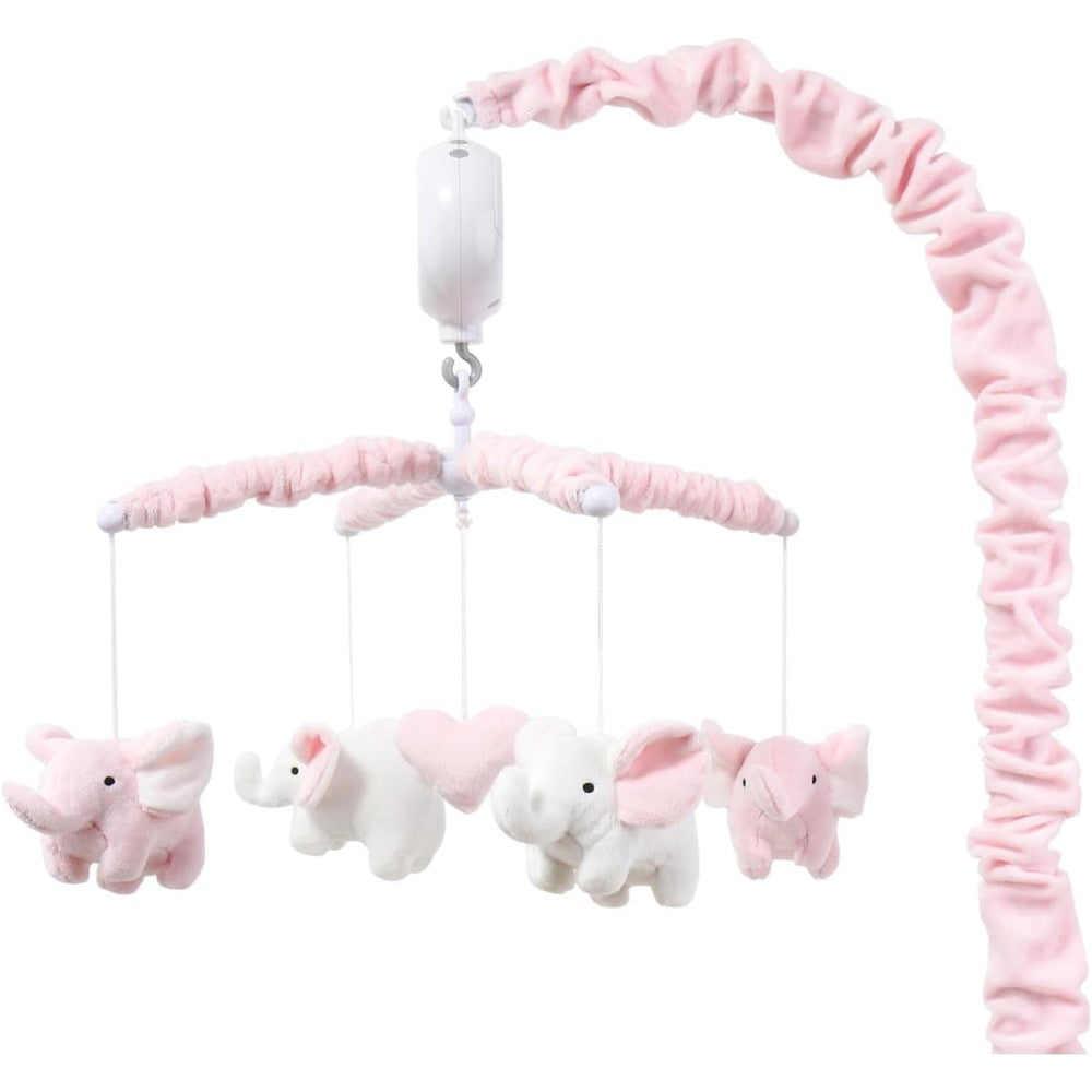 The Peanutshell pink elephant musical crib mobile front view hanging over nursery bedding