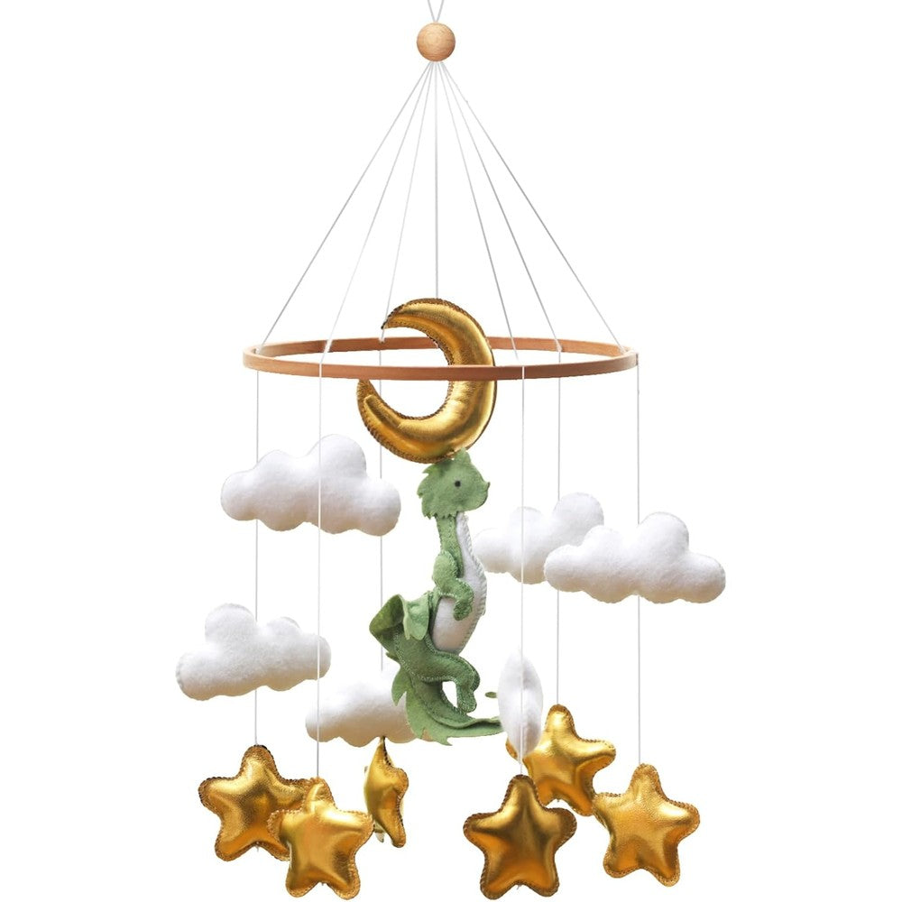 Wenqik green leaf dragon crib mobile front view hanging over nursery setup