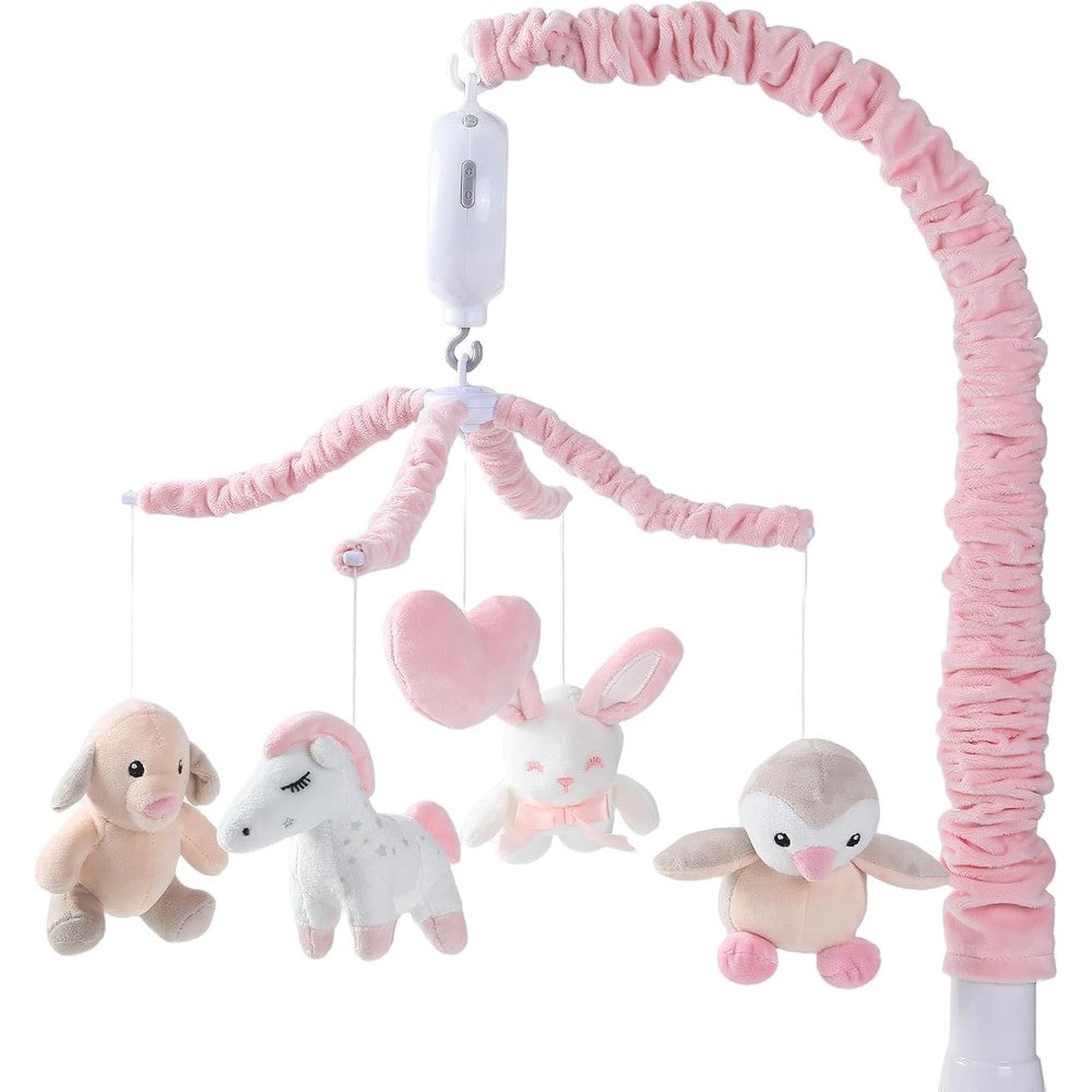 JOLLITO musical baby crib mobile front view showcasing the soft pink rotating arm and hanging plush toys.