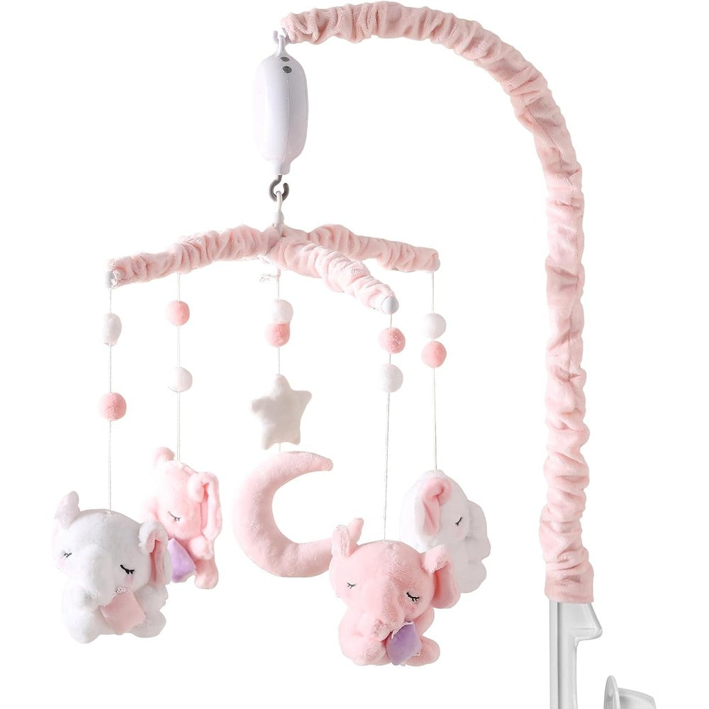 HanMiaMia Elephant Baby Crib Mobile front view showcasing pink and white plush elephants hanging over a nursery cot.