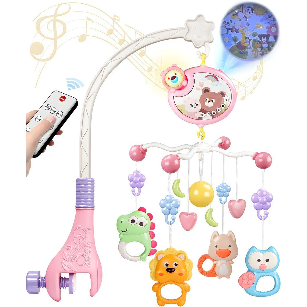 RSEPD musical crib mobile with star projector front view pink nursery accessory