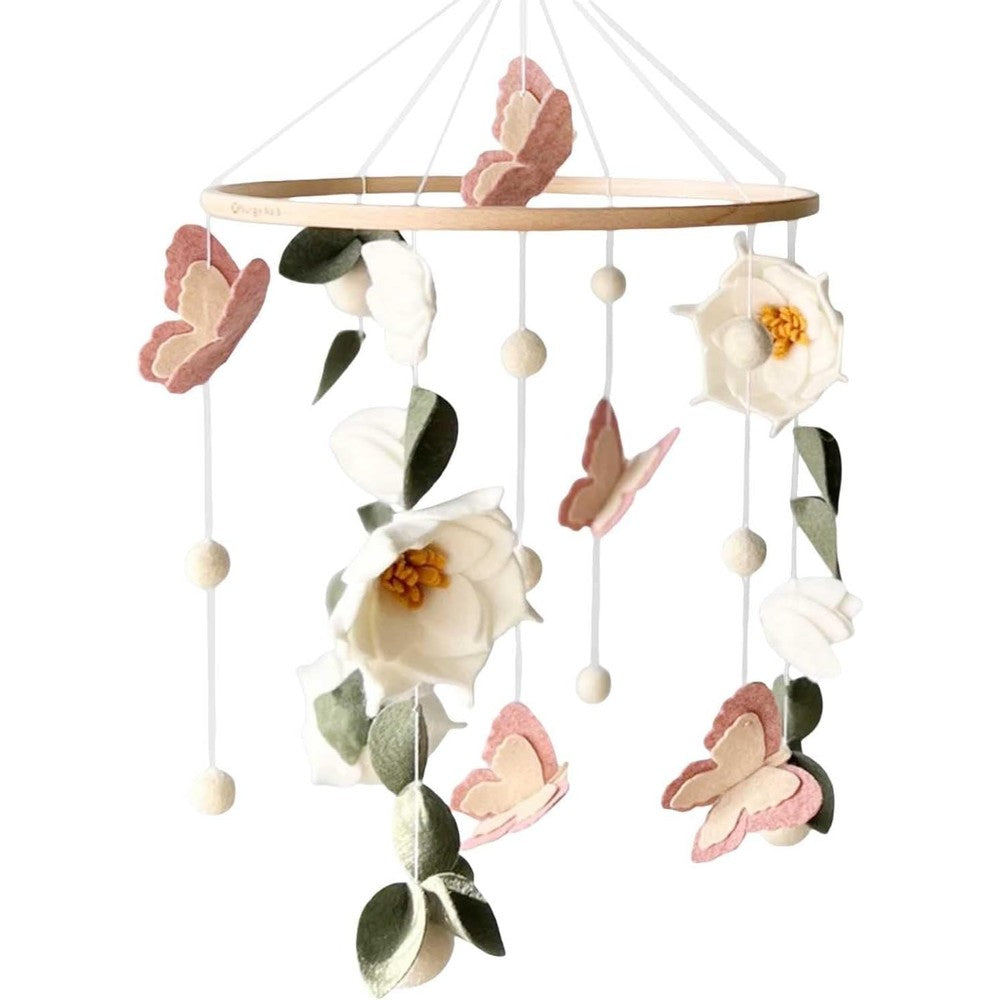 SWECOMZE floral baby mobile front view featuring white and pink handcrafted felt flowers hanging over a neutral crib