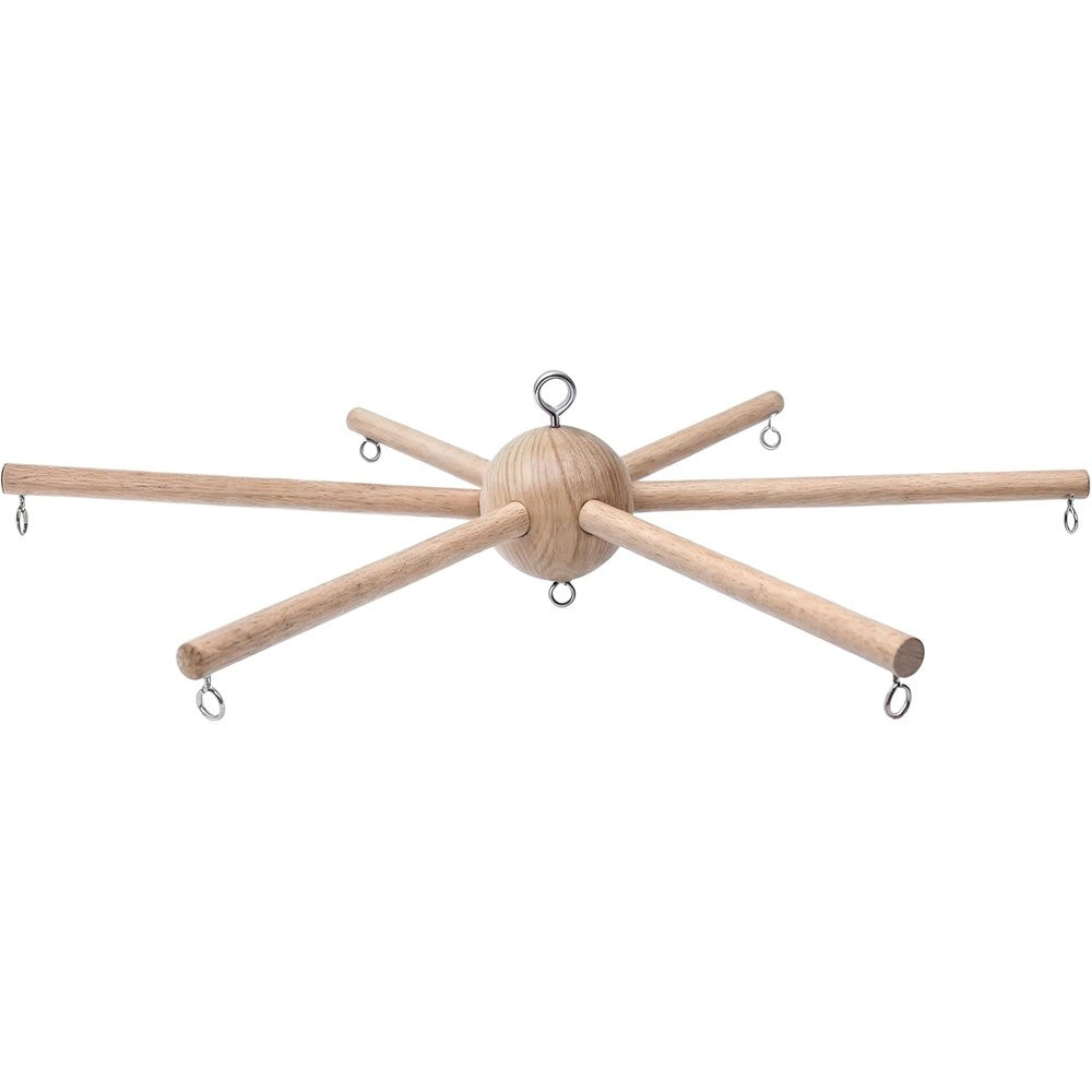 Marsrut Wooden Baby Mobile Kit front view of assembled six leg natural wood frame for nursery crib decoration.