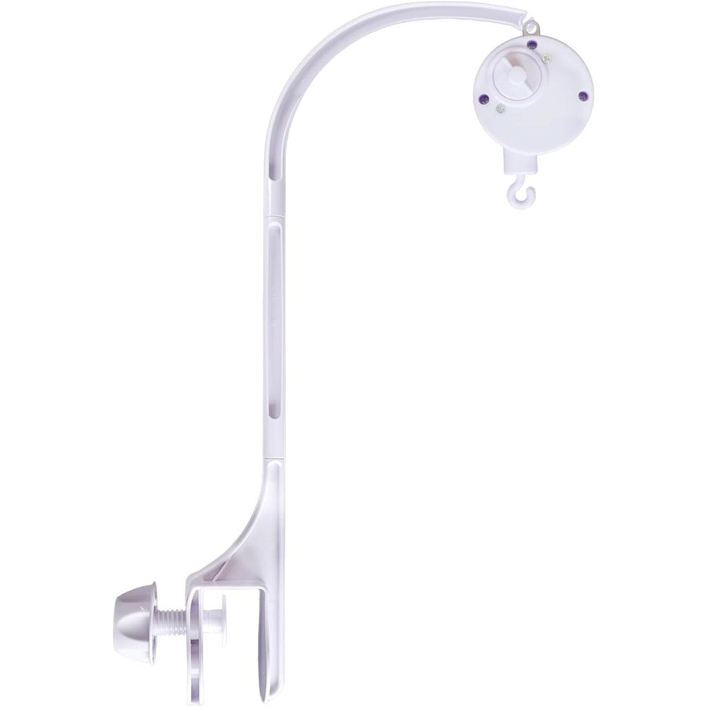 AICMEI baby crib mobile arm front view showing the full 24 inch white bracket attached to a nursery cot setup.