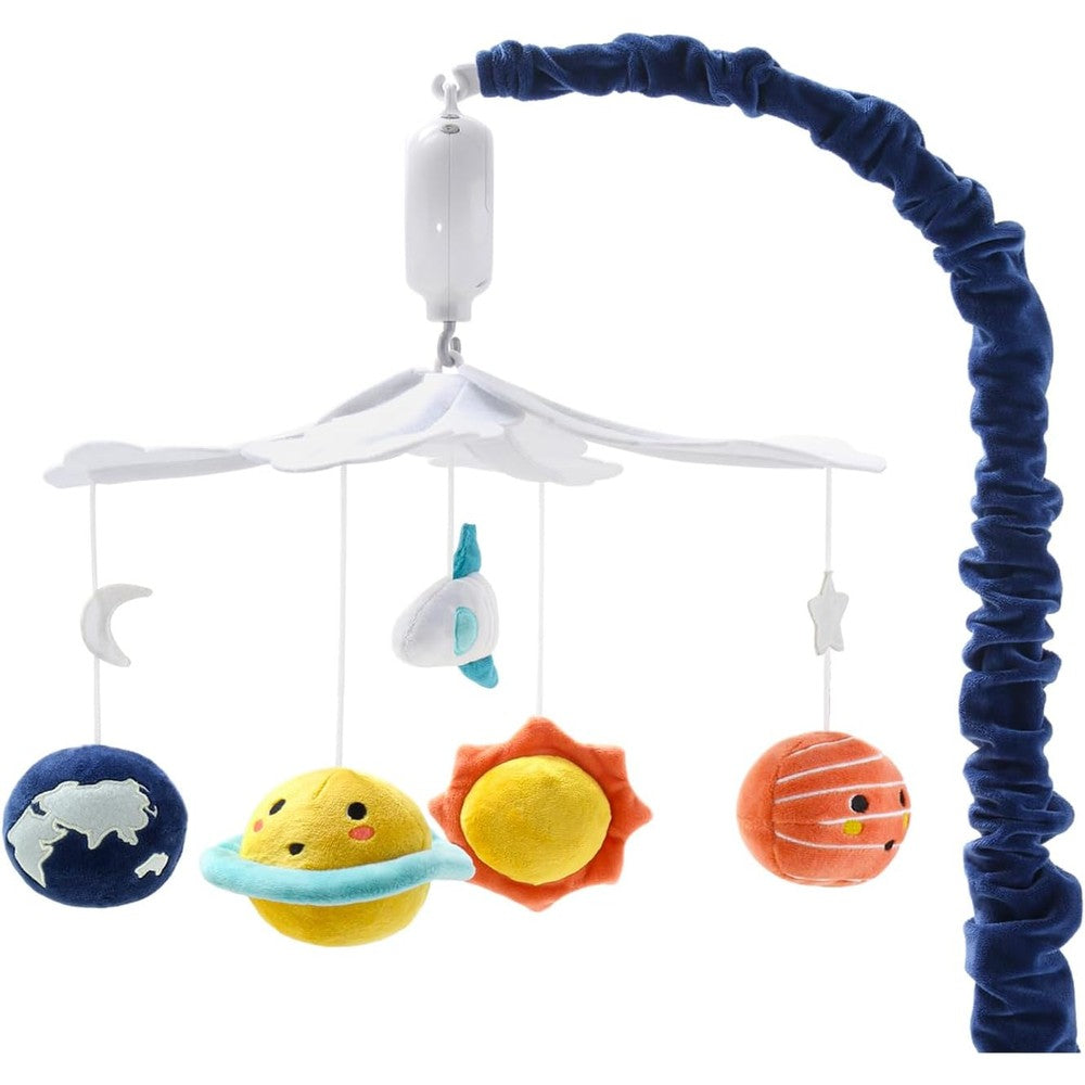 The Peanutshell Space Musical Crib Mobile front view hanging over a baby crib