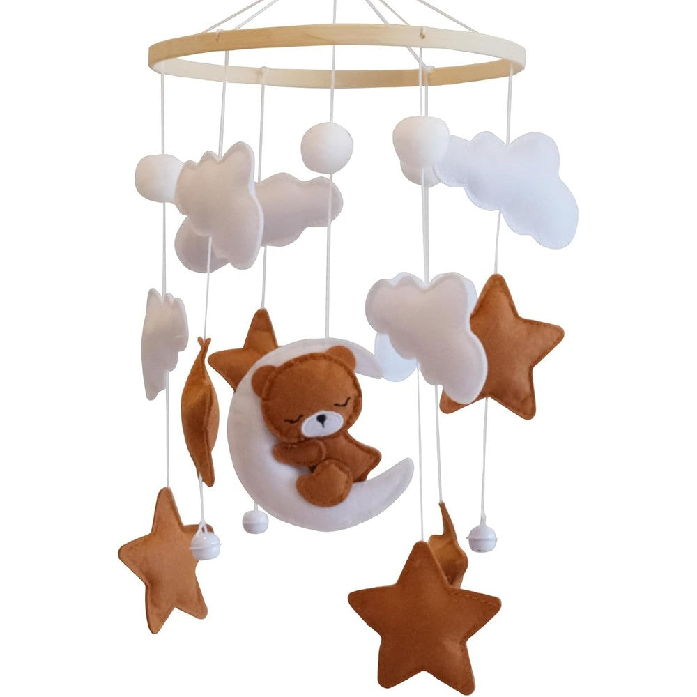Gelb&Schwarz felt bear baby crib mobile front view hanging over a premium nursery cot