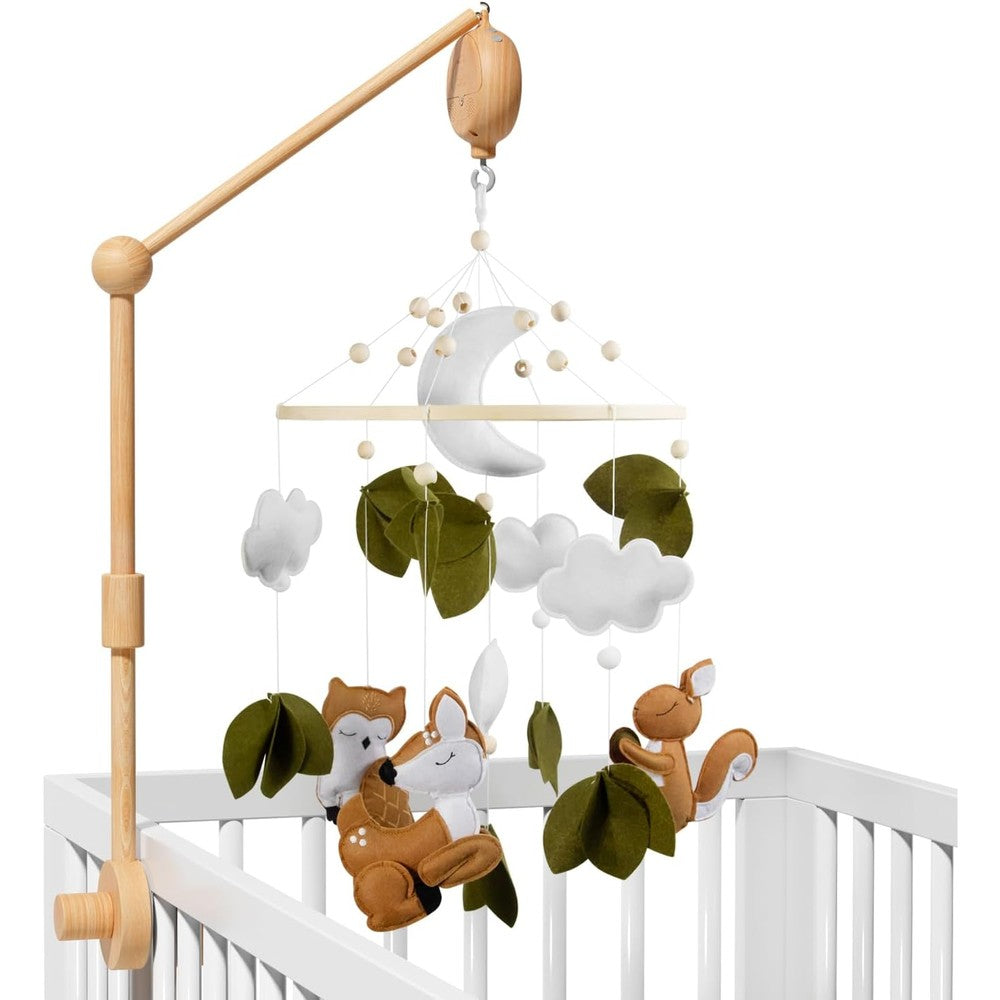 FEISIKE woodland animals baby nursery mobile front view attached to a wooden crib.