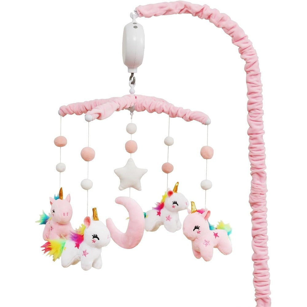HanMiaMia unicorn baby crib mobile front view showcasing plush toys and mounting arm