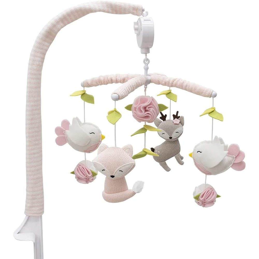 Living Textiles Baby Musical Mobile Ava Birds front view attached to a white wooden crib.