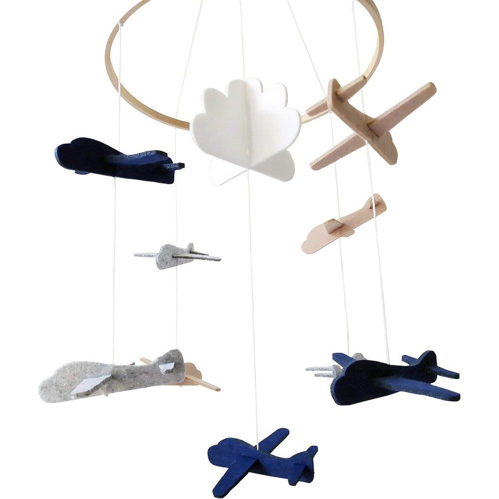 Sorrel and Fern baby crib mobile front view showcasing grey and white felt airplanes hanging from a wooden hoop