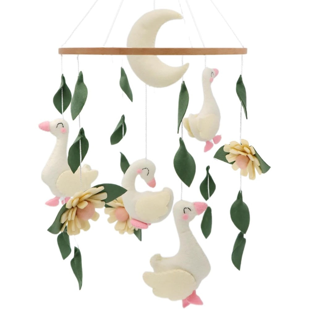 Gueiddi Goose Mobile for Crib front view showing handmade felt geese and moon nursery decor.