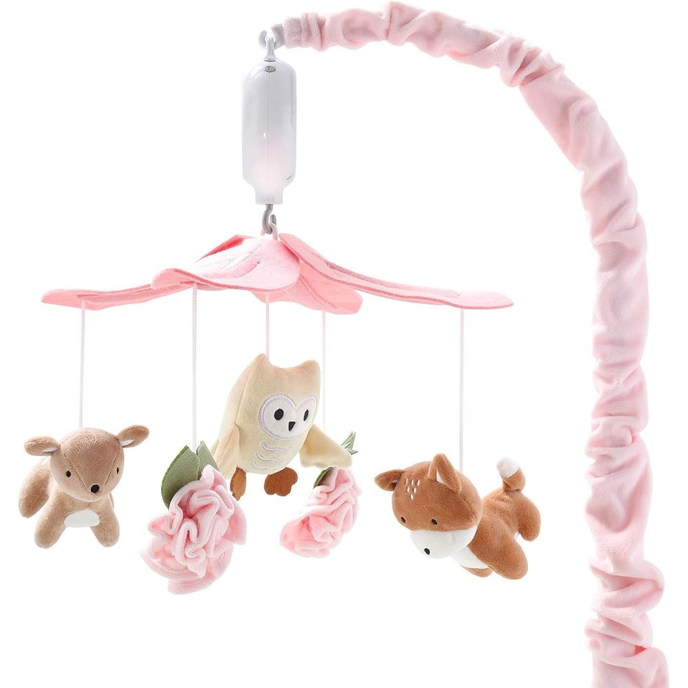 The Peanutshell Little Forest Musical Crib Mobile front view showcasing pink and white woodland plush animals.